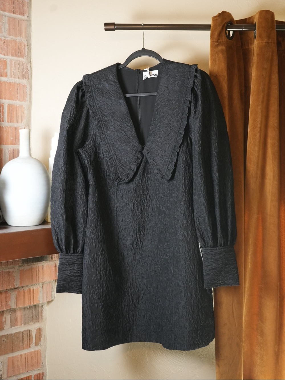 NWT GANNI Black Jacquard Organza Ruffle Collar Mini Dress EU 42 US 10/12